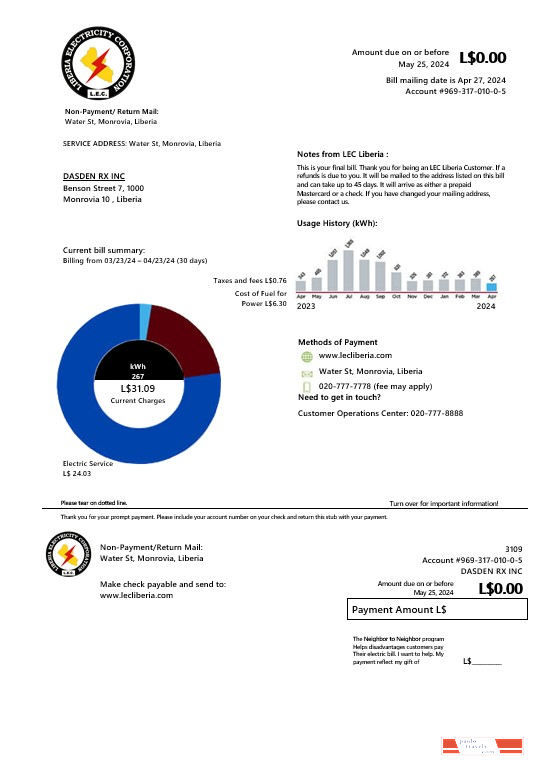 Liberia Electricity Corporation business utility bill template in Word and PDF formats